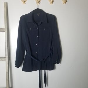 J. JILL WEAREVER COLLECTION NAVY JACKET WITH BELT SIZE LARGE PETITE